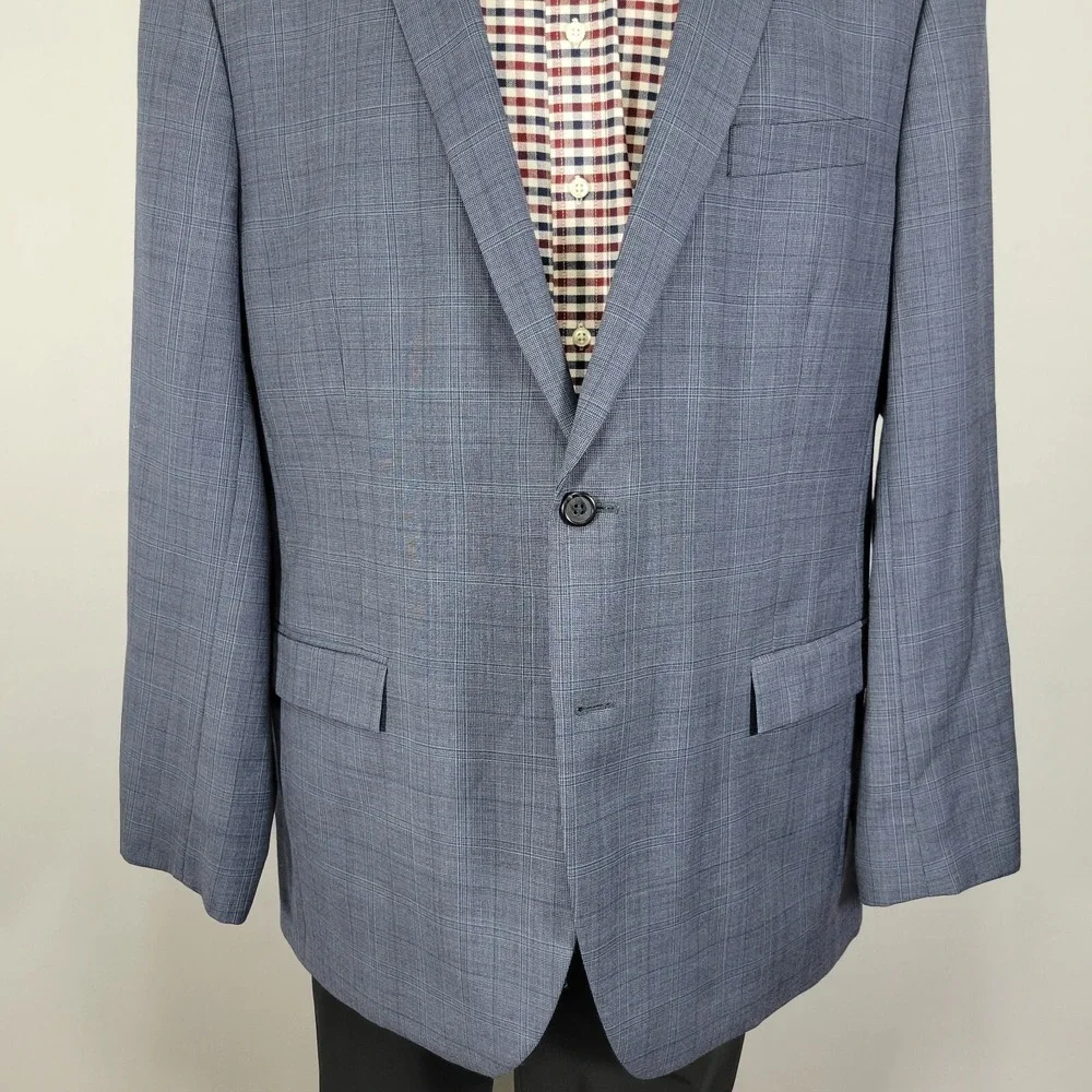 Egara Men's Sport Coat Blazer Two Button Navy Blue Plaid Wool Polyester Slim 50L
